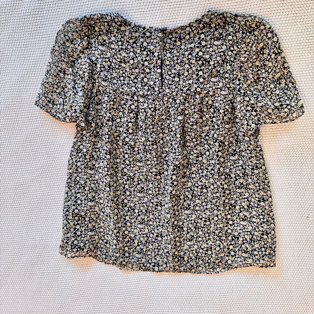 J. CREW Chiffon Silk Gold Metallic Black & White Blouse Floral Top - Picture 7 of 16
